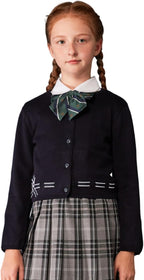 Everanne girls cotton cardigan sweater with round collar and waist detail, featuring a bow design and soft, comfortable fabric.