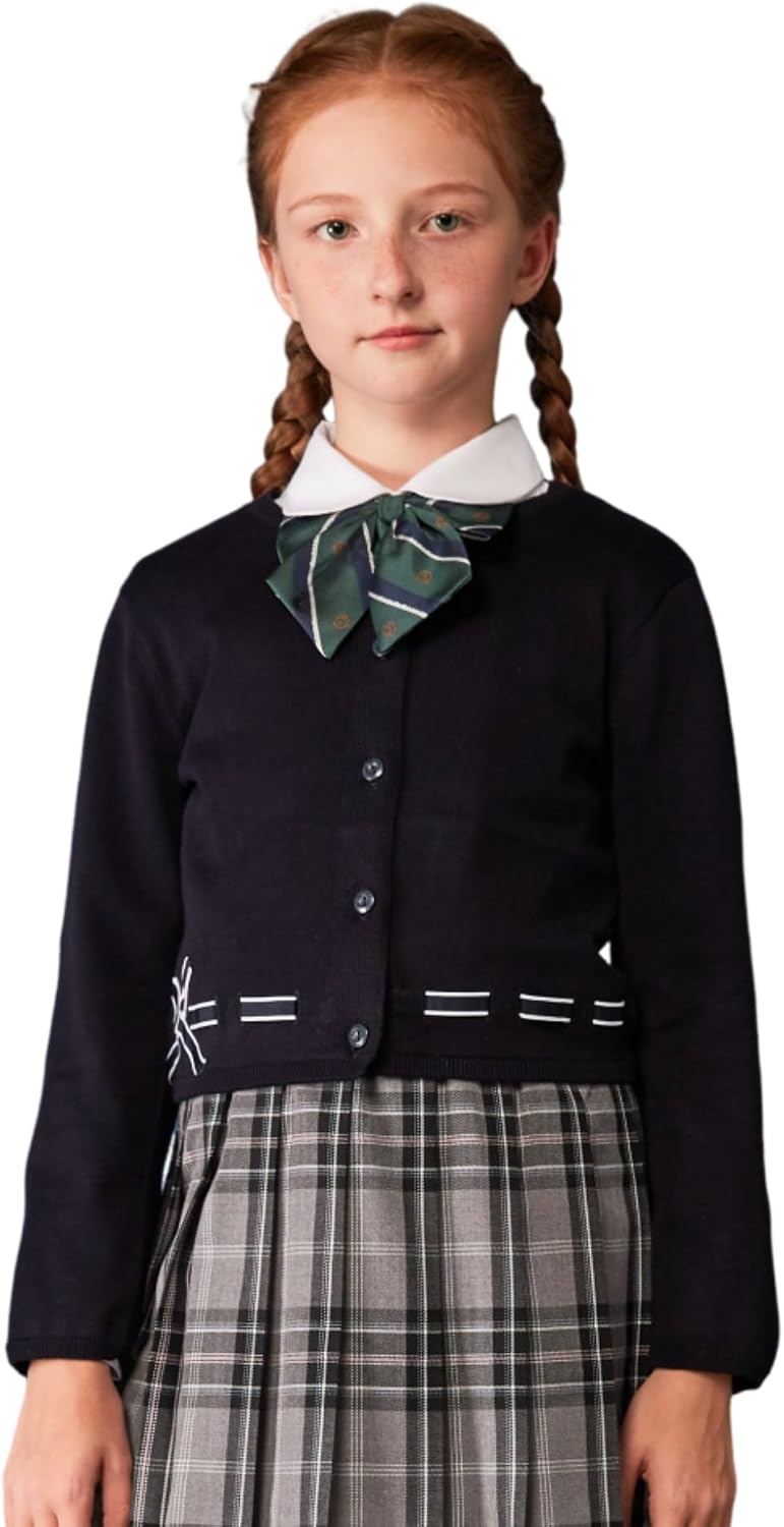 Everanne girls cotton cardigan sweater with round collar and waist detail, featuring a bow design and soft, comfortable fabric.