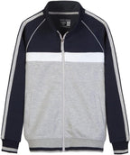 Everanne youth sports zip-up jacket with stand collar featuring colorblock navy and light gray stripes, ideal for active wear.