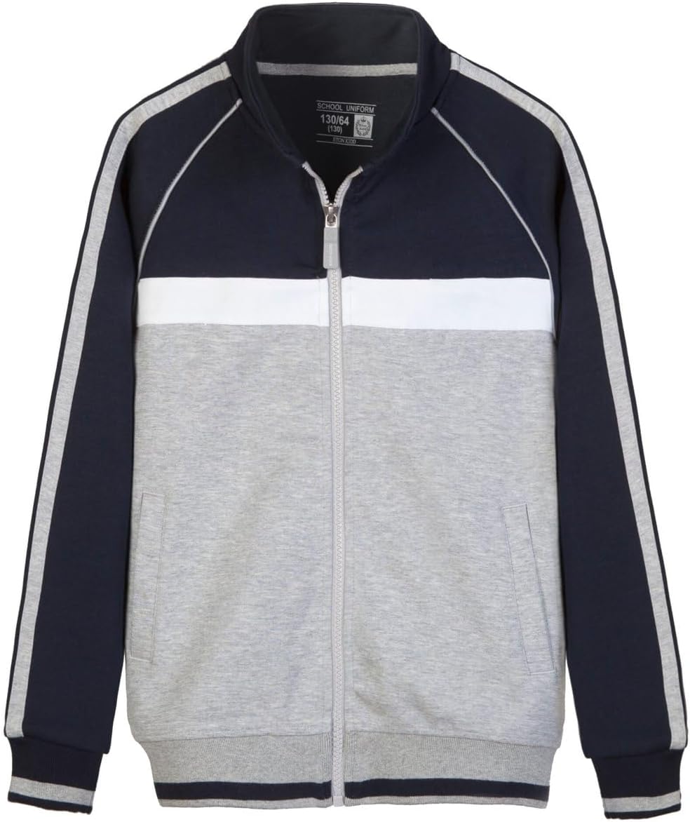 Everanne youth sports zip-up jacket with stand collar featuring colorblock navy and light gray stripes, ideal for active wear.