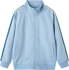 Everanne youth sports zip-up jacket with stand collar and contrast blue stripe, lightweight jacket for active wear.