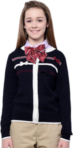 Everanne girls' cardigan sweater with striped bow ribbon, slim fit cotton design, breathable combed cotton, elastic trim, and long sleeves.