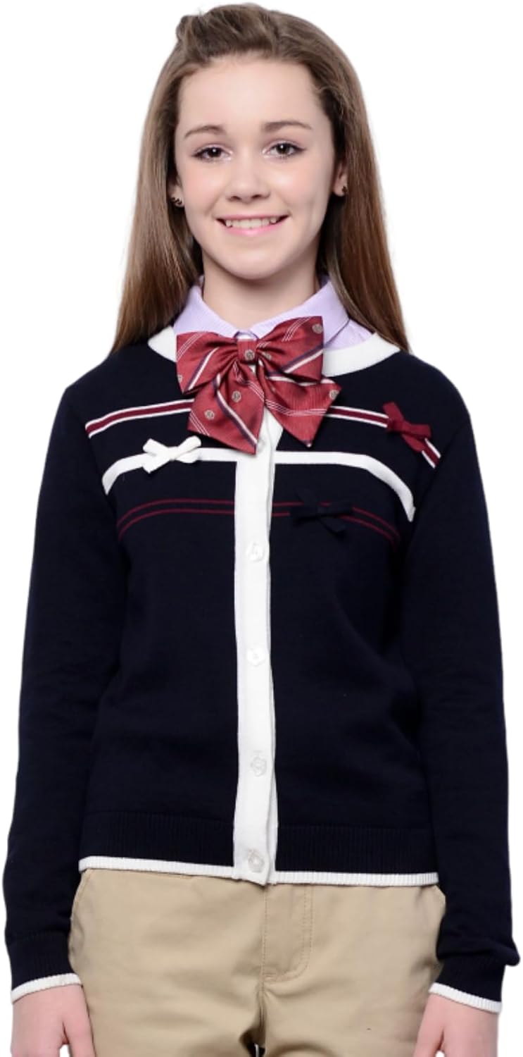 Everanne girls' cardigan sweater with striped bow ribbon, slim fit cotton design, breathable combed cotton, elastic trim, and long sleeves.