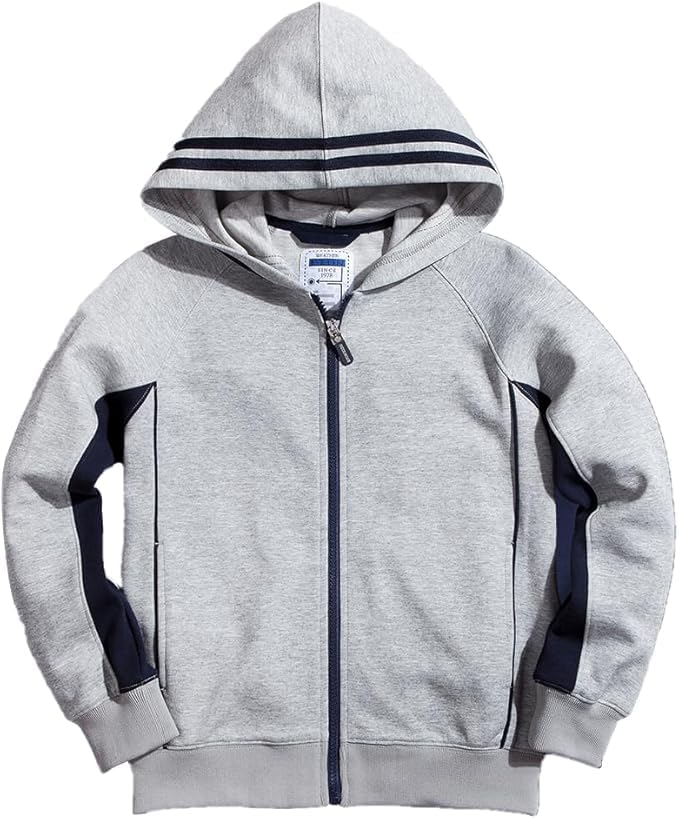 Everanne unisex youth sports zip-up hooded jacket in gray and navy, windproof track jacket with ribbed hem for active wear.
