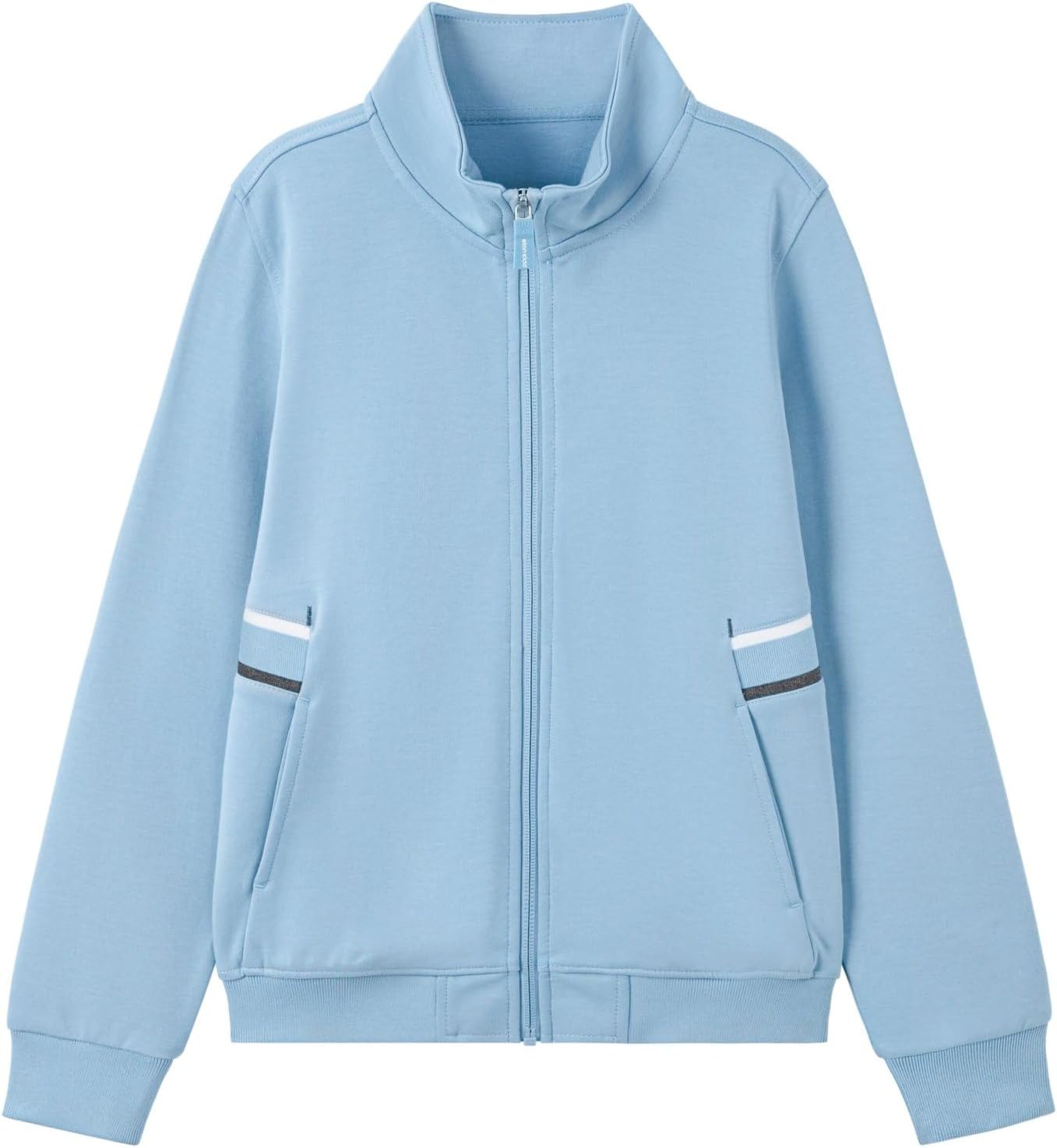 Everanne unisex youth sports zip-up jacket with stand collar and ribbed cuffs in blue, ideal for active wear and casual outings.