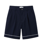 Front view of Everanne navy tailored shorts in smart cotton-blend twill fabric, featuring belt loops and side pockets.