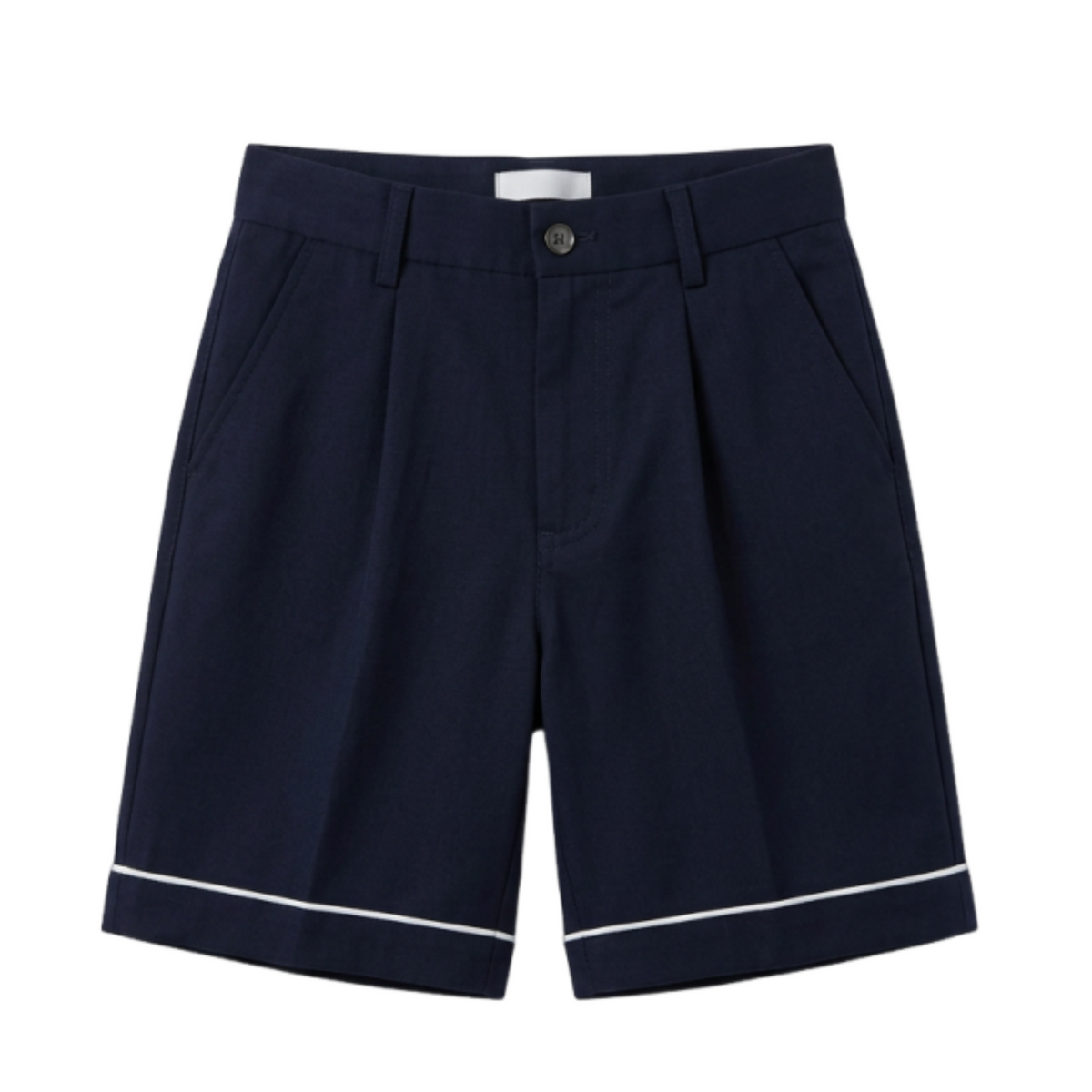 Front view of Everanne navy tailored shorts in smart cotton-blend twill fabric, featuring belt loops and side pockets.