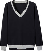 Everanne unisex V-neck pullover sweater with stripe trim, cotton windproof cuffs, in black fabric, featuring a classic and cozy design.