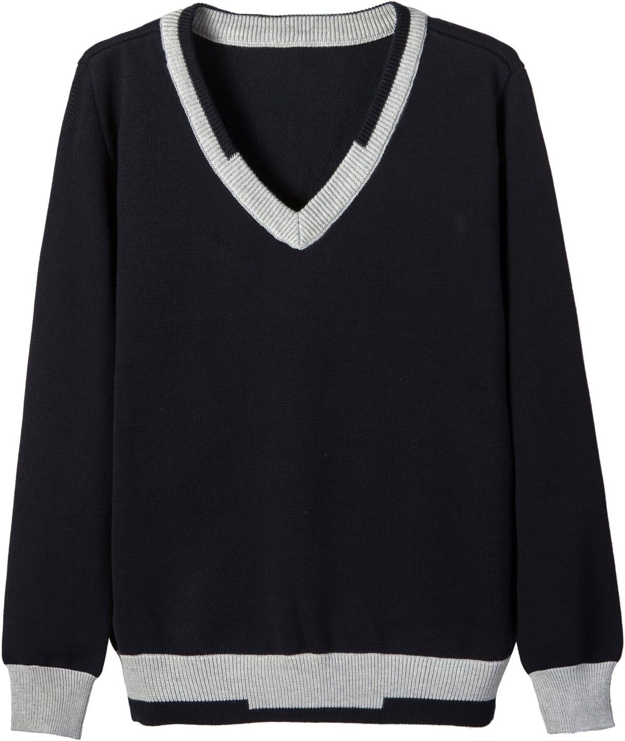 Everanne unisex V-neck pullover sweater with stripe trim, cotton windproof cuffs, in black fabric, featuring a classic and cozy design.