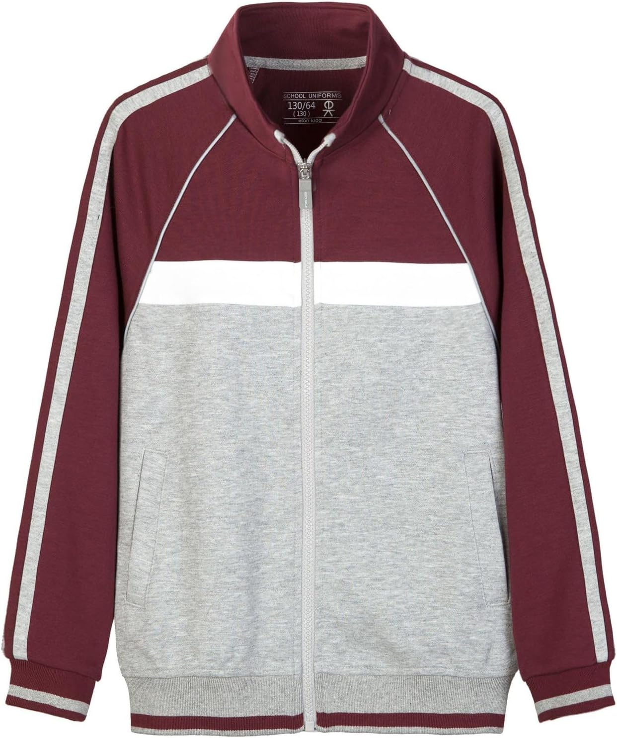 Everanne youth sports zip-up jacket with stand collar and colorblock red stripes, ideal for active wear and athletic activities.