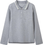 Everanne unisex cotton blend long sleeve polo shirt with ribbed collar in gray, shown flat with collar and sleeves visible