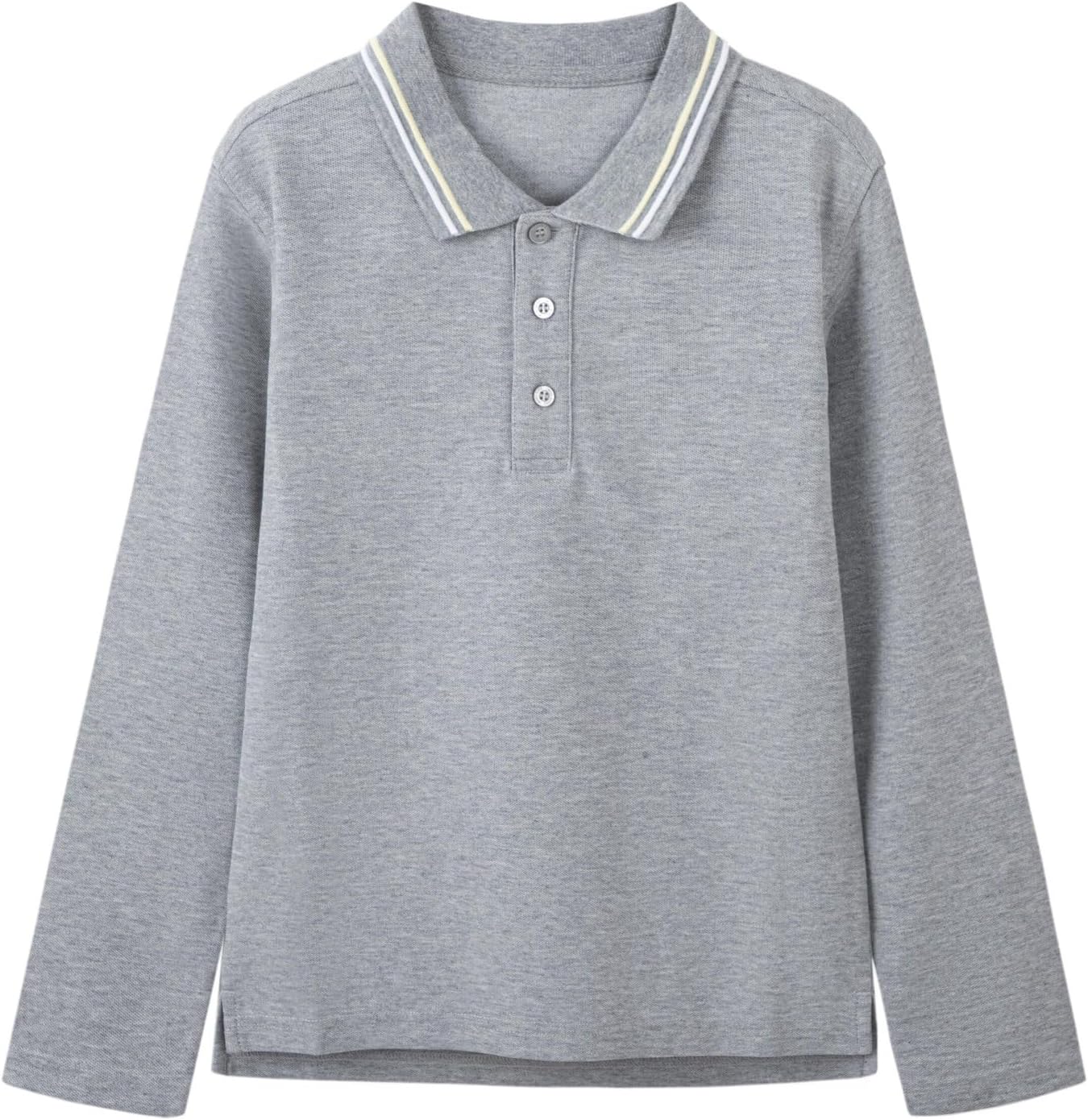 Everanne unisex cotton blend long sleeve polo shirt with ribbed collar in gray, shown flat with collar and sleeves visible