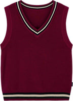 Everanne boys cotton V-neck sweater vest with red stripes and striped collar, perfect for school uniforms.