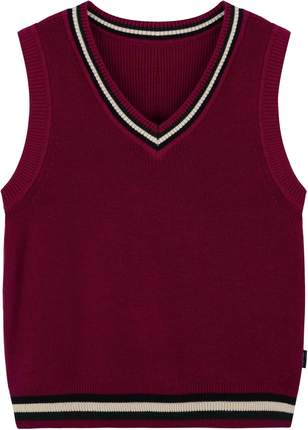 Everanne boys cotton V-neck sweater vest with red stripes and striped collar, perfect for school uniforms.