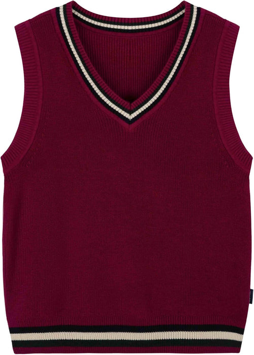 Everanne boys cotton V-neck sweater vest with red stripes and striped collar, perfect for school uniforms.