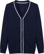 Everanne striped cardigan sweater with contrast collar and windproof cuffs, stylish and warm for casual wear.