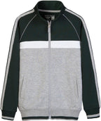 Everanne youth sports zip-up jacket with stand collar, colorblock stripes in dark green and light gray, suitable for active wear.