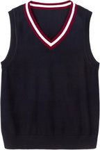 Everanne boys' cotton V-neck sweater vest with striped collar in blue and red, suitable for school uniforms, shown on a model.