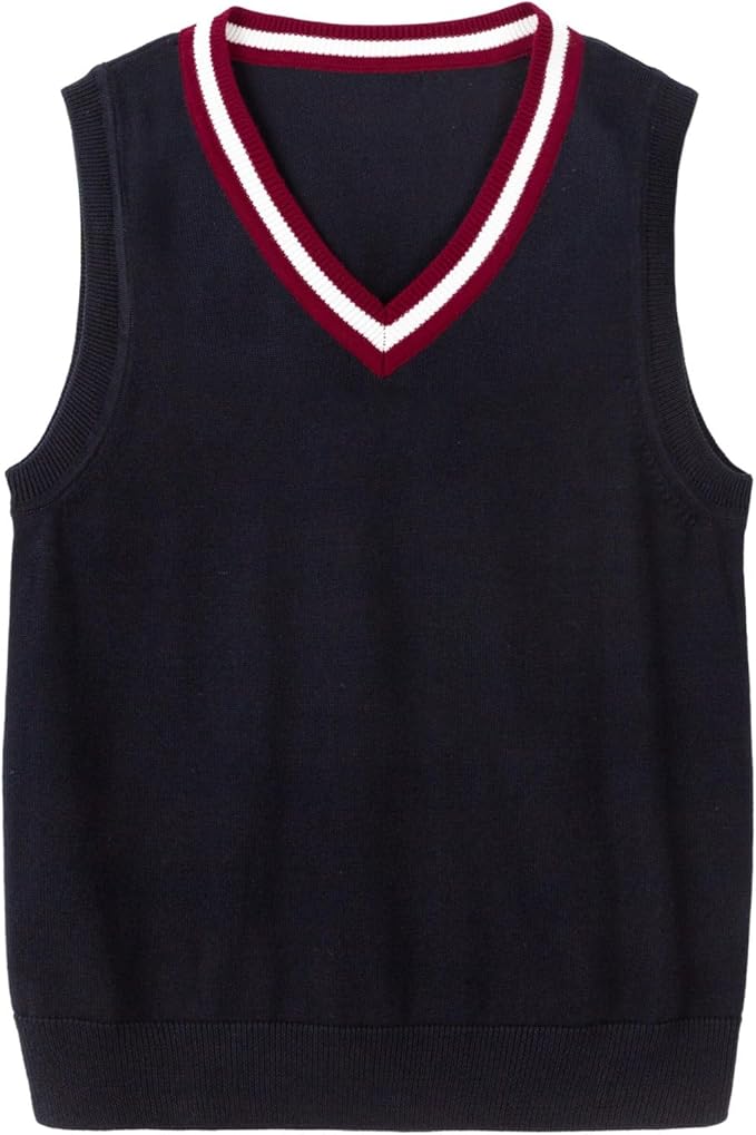 Everanne boys' cotton V-neck sweater vest with striped collar in blue and red, suitable for school uniforms, shown on a model.