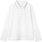 Everanne unisex white cotton blend long sleeve polo shirt with ribbed collar, casual and comfortable men's and women's polo top
