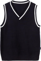 Everanne boys cotton V-neck sweater vest with blue and white stripes, featuring a striped collar, ideal for school uniforms.