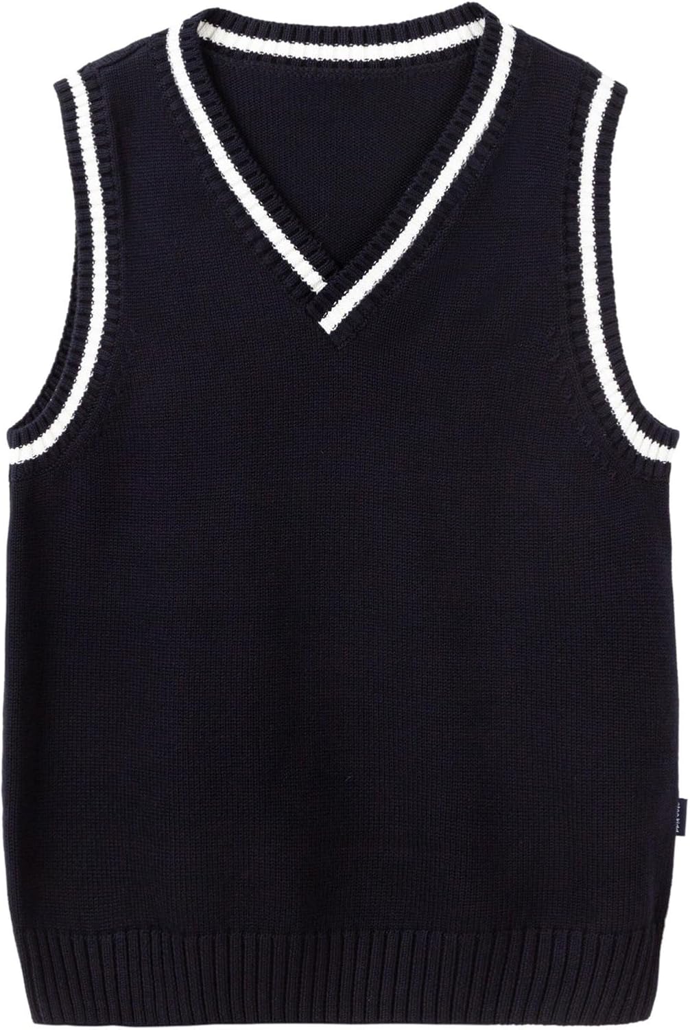 Everanne boys cotton V-neck sweater vest with blue and white stripes, featuring a striped collar, ideal for school uniforms.