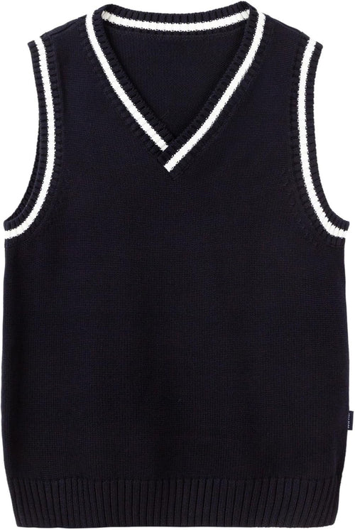 Everanne boys cotton V-neck sweater vest with blue and white stripes, featuring a striped collar, ideal for school uniforms.