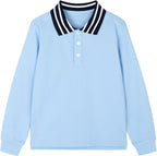 Everanne unisex piqué long sleeve cotton blend T-shirt with stripe collar, casual and stylish design.