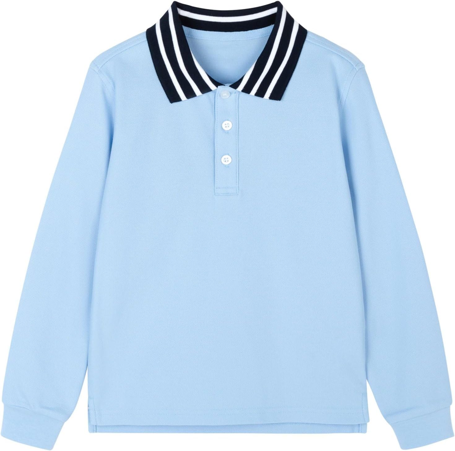 Everanne unisex piqué long sleeve cotton blend T-shirt with stripe collar, casual and stylish design.