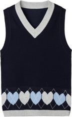 Everanne toddler girl sweater vest with heart pattern, V-neck, sleeveless, soft cotton knit, suitable for school and casual wear