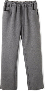 Everanne boys Roma knit slim fit pants in charcoal gray with dual waist design, elastic waistband, and resin button detail.