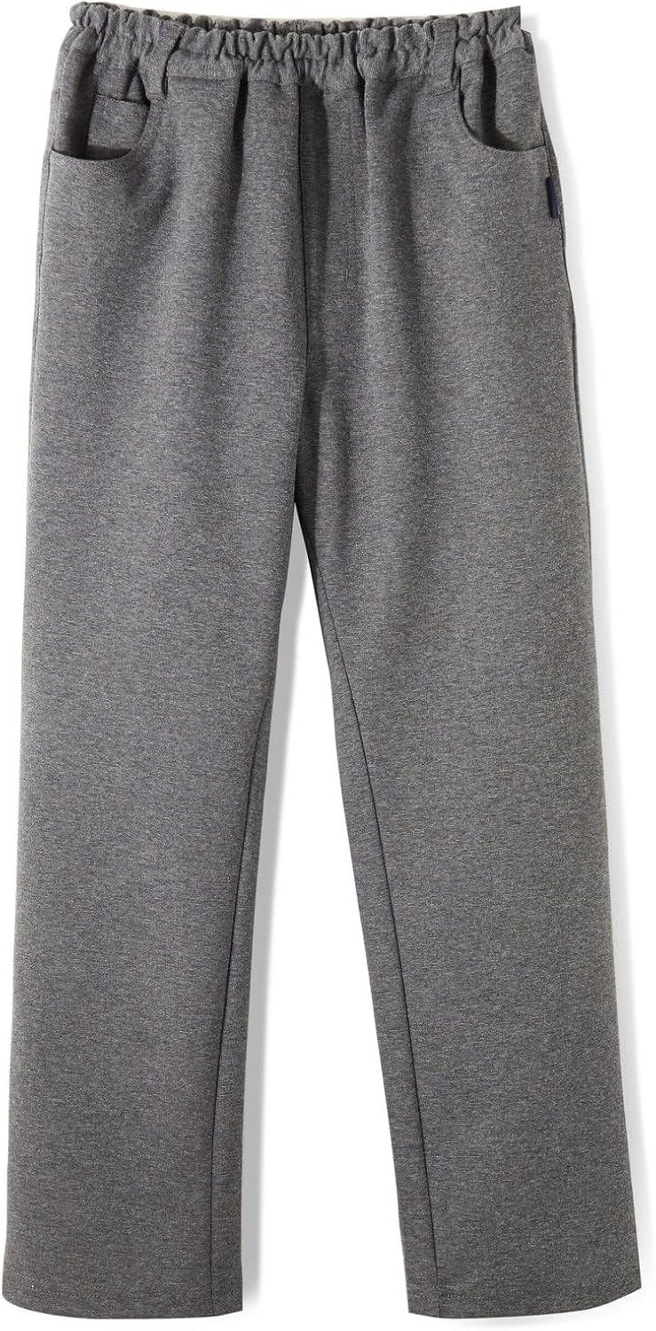 Everanne boys Roma knit slim fit pants in charcoal gray with dual waist design, elastic waistband, and resin button detail.
