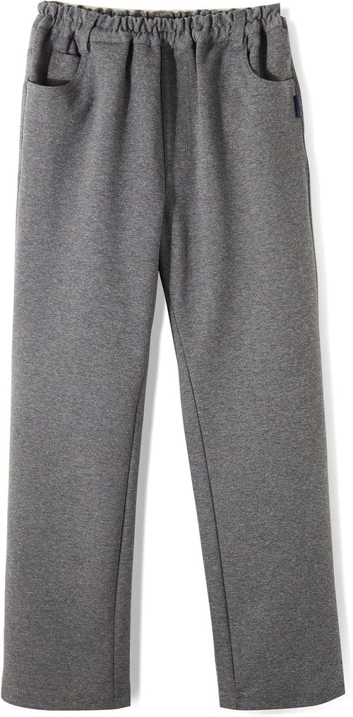 Everanne boys Roma knit slim fit pants in charcoal gray with dual waist design, elastic waistband, and resin button detail.