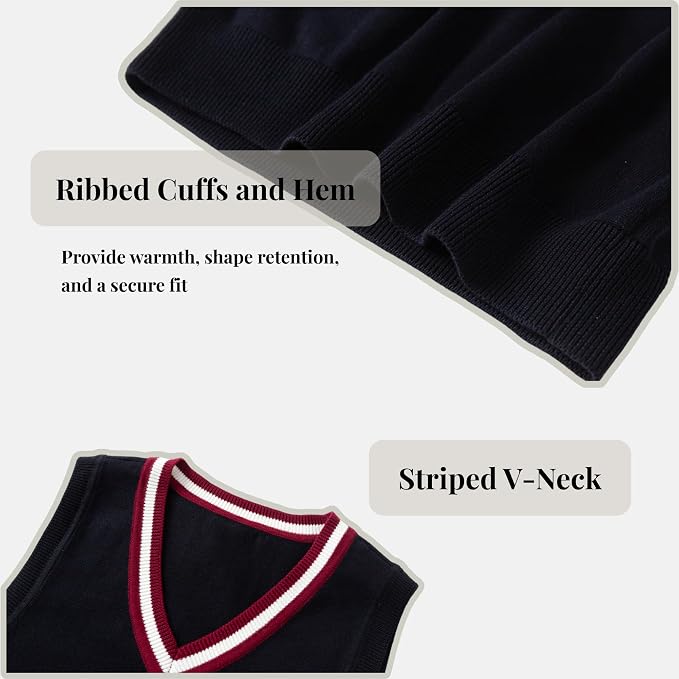 Everanne boys cotton V-neck sweater vest with striped collar in blue and red, ideal for school uniform tops.