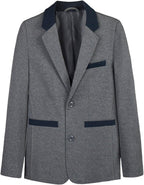 Everanne boys' grey fabric blazer with flat suit collar, durable stitching, rear vent, and smooth lining, suitable for formal tops.