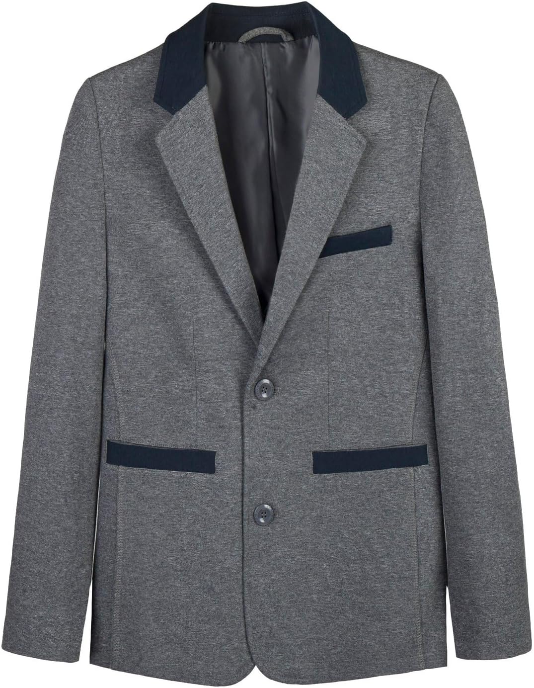 Everanne boys' grey fabric blazer with flat suit collar, durable stitching, rear vent, and smooth lining, suitable for formal tops.