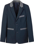 Everanne boys' fabric blazer featuring flat suit collar, durable stitching, rear vent, and smooth lining, designed for stylish tops.