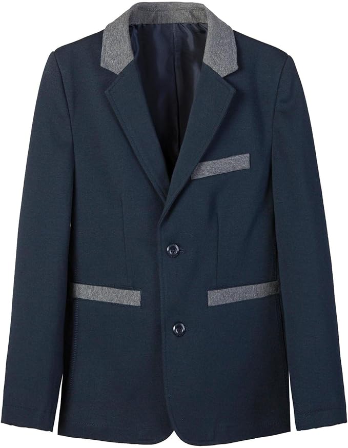 Everanne boys' fabric blazer featuring flat suit collar, durable stitching, rear vent, and smooth lining, designed for stylish tops.