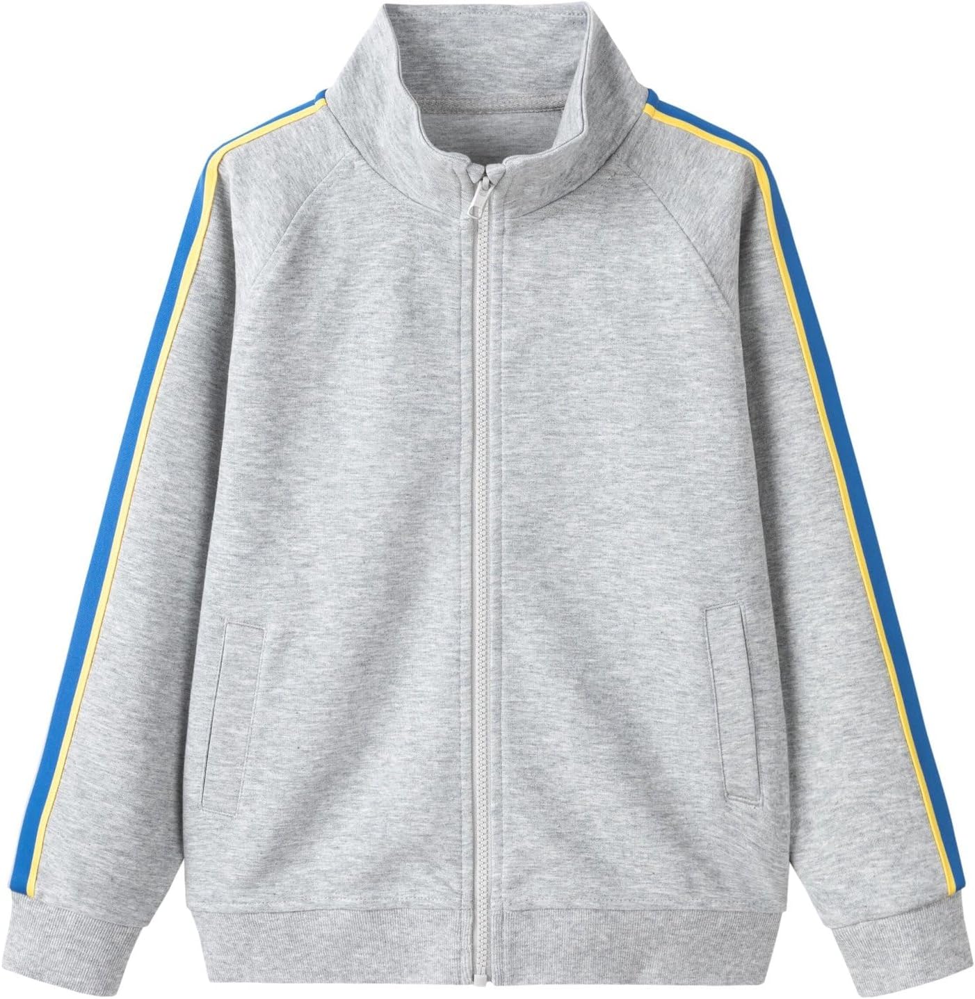 Everanne youth sports zip-up jacket with stand collar and contrast stripe in grey, made for active wear and casual style.