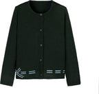 Everanne girls' green cotton cardigan sweater with round collar and waist detail, featuring a bow design.