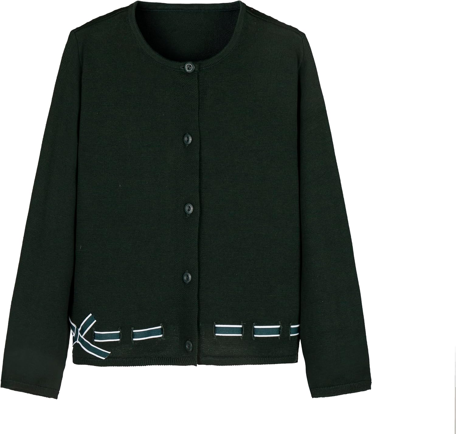 Everanne girls' green cotton cardigan sweater with round collar and waist detail, featuring a bow design.