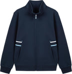 Everanne unisex youth sports zip-up jacket with stand collar and navy ribbing, featuring front zipper and athletic design