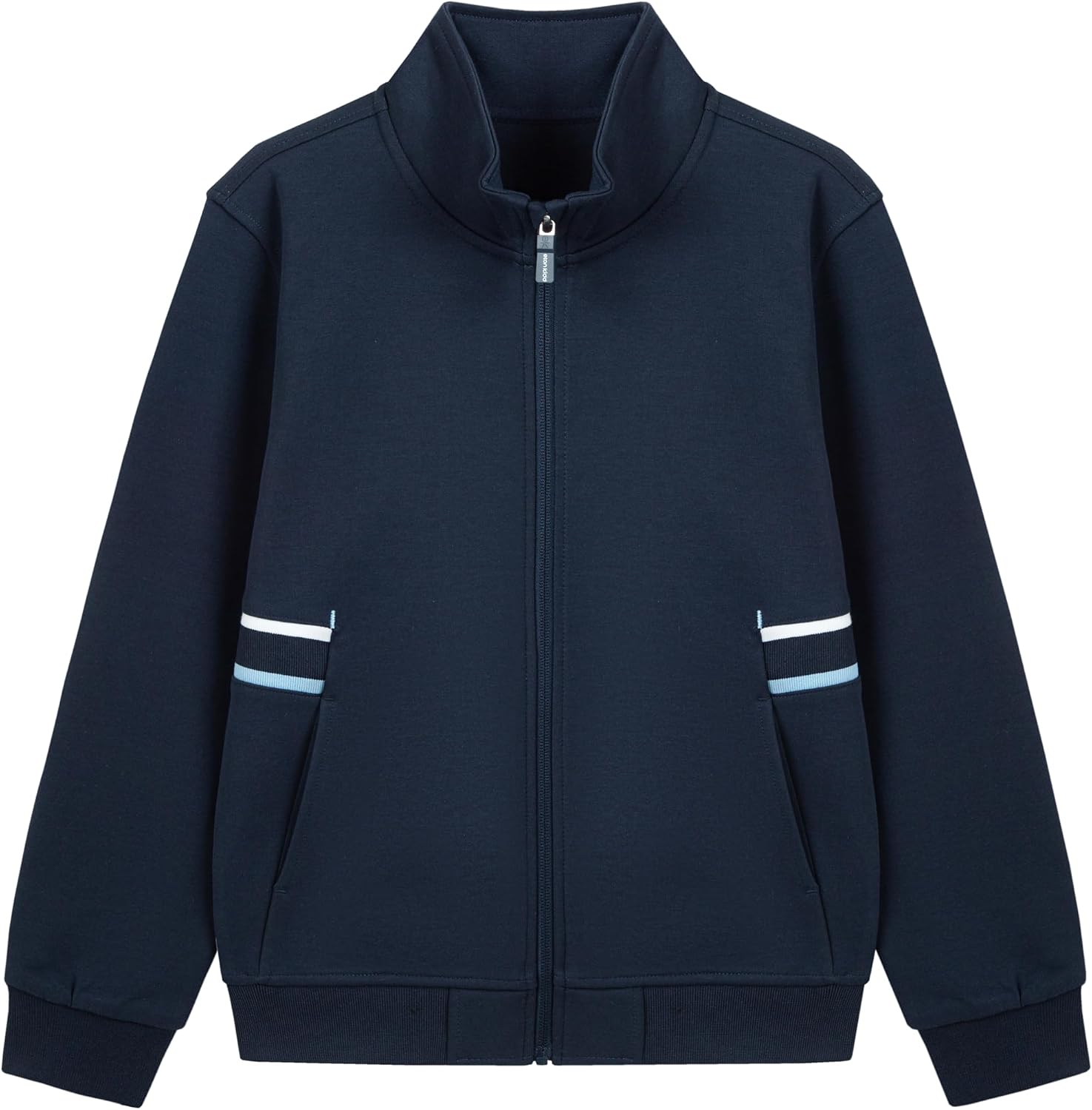 Everanne unisex youth sports zip-up jacket with stand collar and navy ribbing, featuring front zipper and athletic design