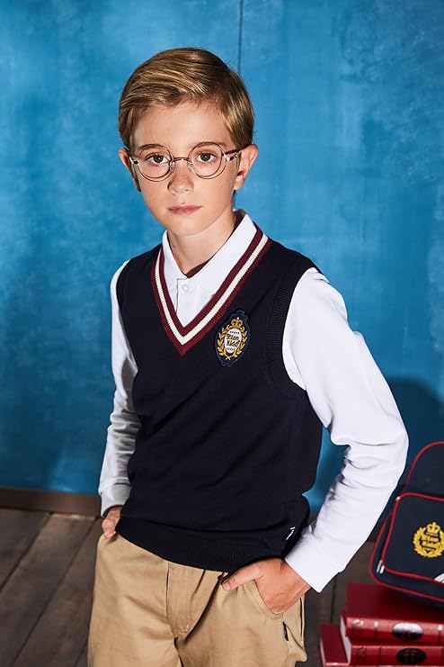 Everanne boys' cotton V-neck sweater vest with striped collar in blue and red, designed for school uniforms.