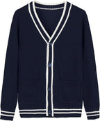 Everanne striped cardigan sweater with contrast collar and windproof cuffs, stylish and cozy for casual wear.