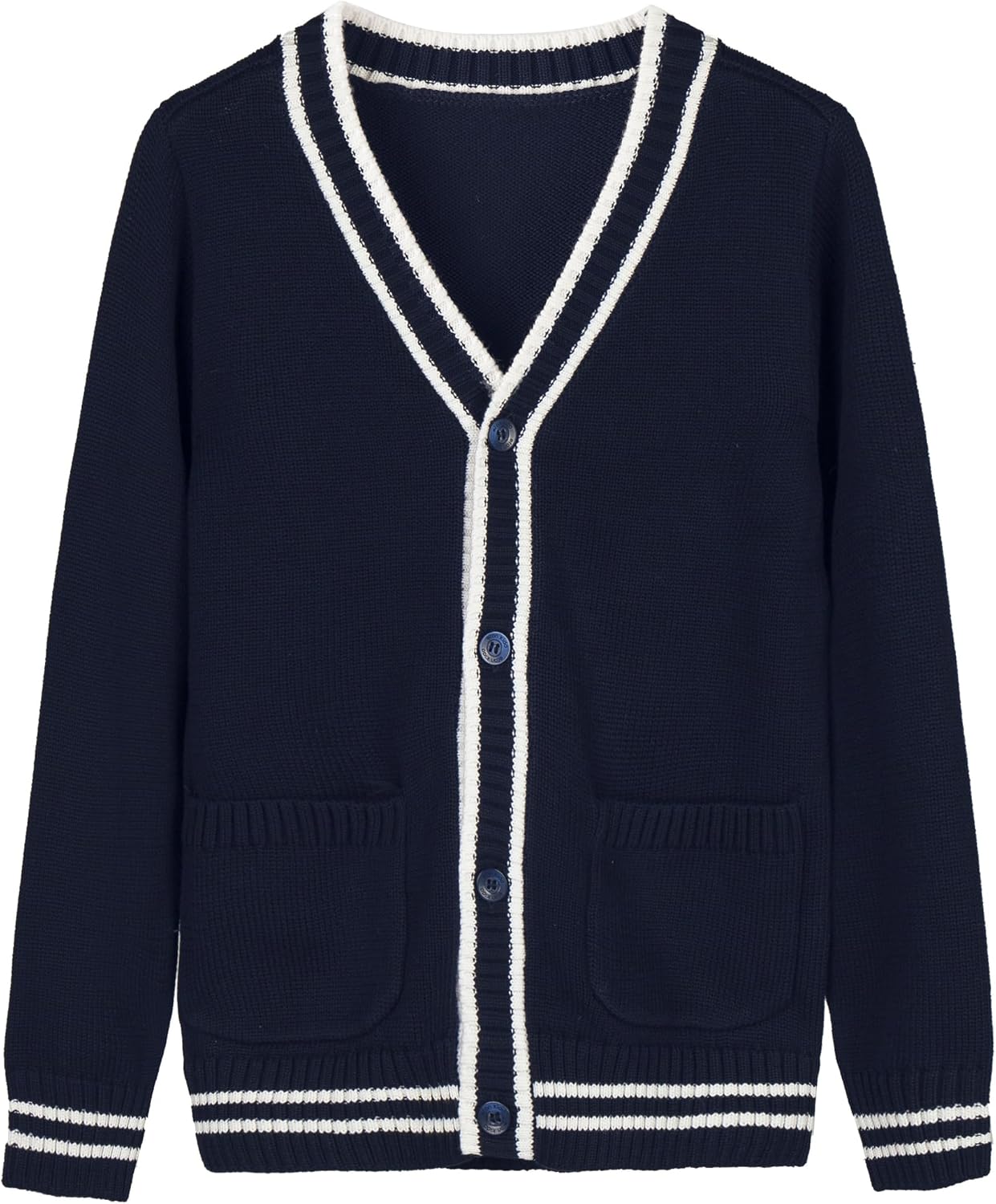 Everanne striped cardigan sweater with contrast collar and windproof cuffs, stylish and cozy for casual wear.