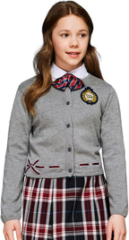 Everanne girls gray cotton cardigan sweater with bow detail, round collar, and waist design, perfect for casual wear.