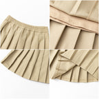 Everanne girls' khaki pleated school uniform skirt with elastic waist and organic lining, designed for comfortable school wear.
