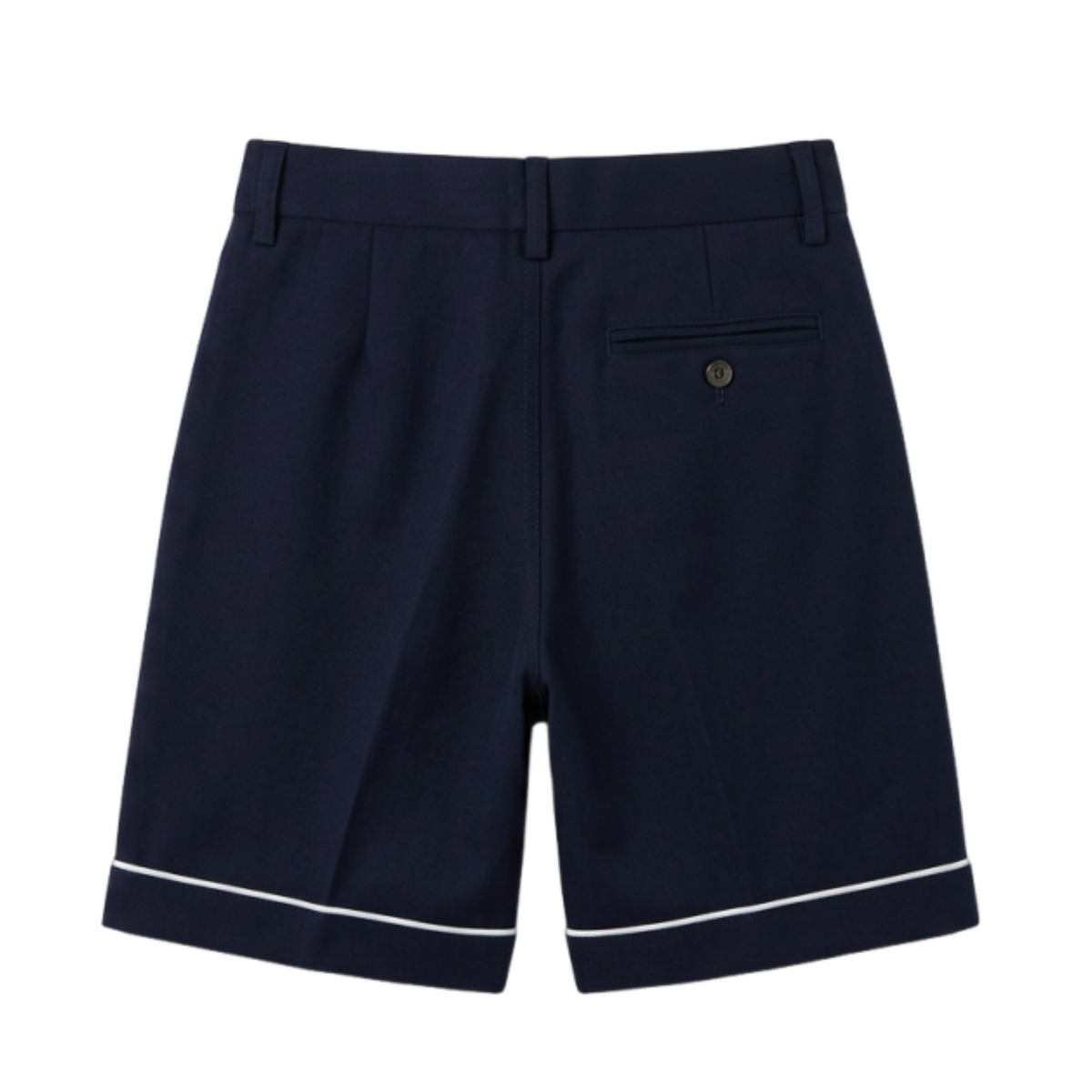 Close-up of the clean finish and structured cotton-blend fabric texture of Everanne navy blue tailored shorts.