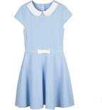 Everanne girls' casual piqué dress with V-neck, Peter Pan collar, and bow, featuring short sleeves and classic style.